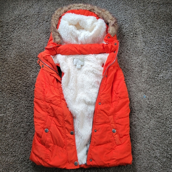 Green Tea Orange Puffy Vest Woman's Size Small Removeable Hood - Picture 1 of 8